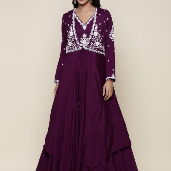 Purple georgette pearl embroidery jacket anarkali set