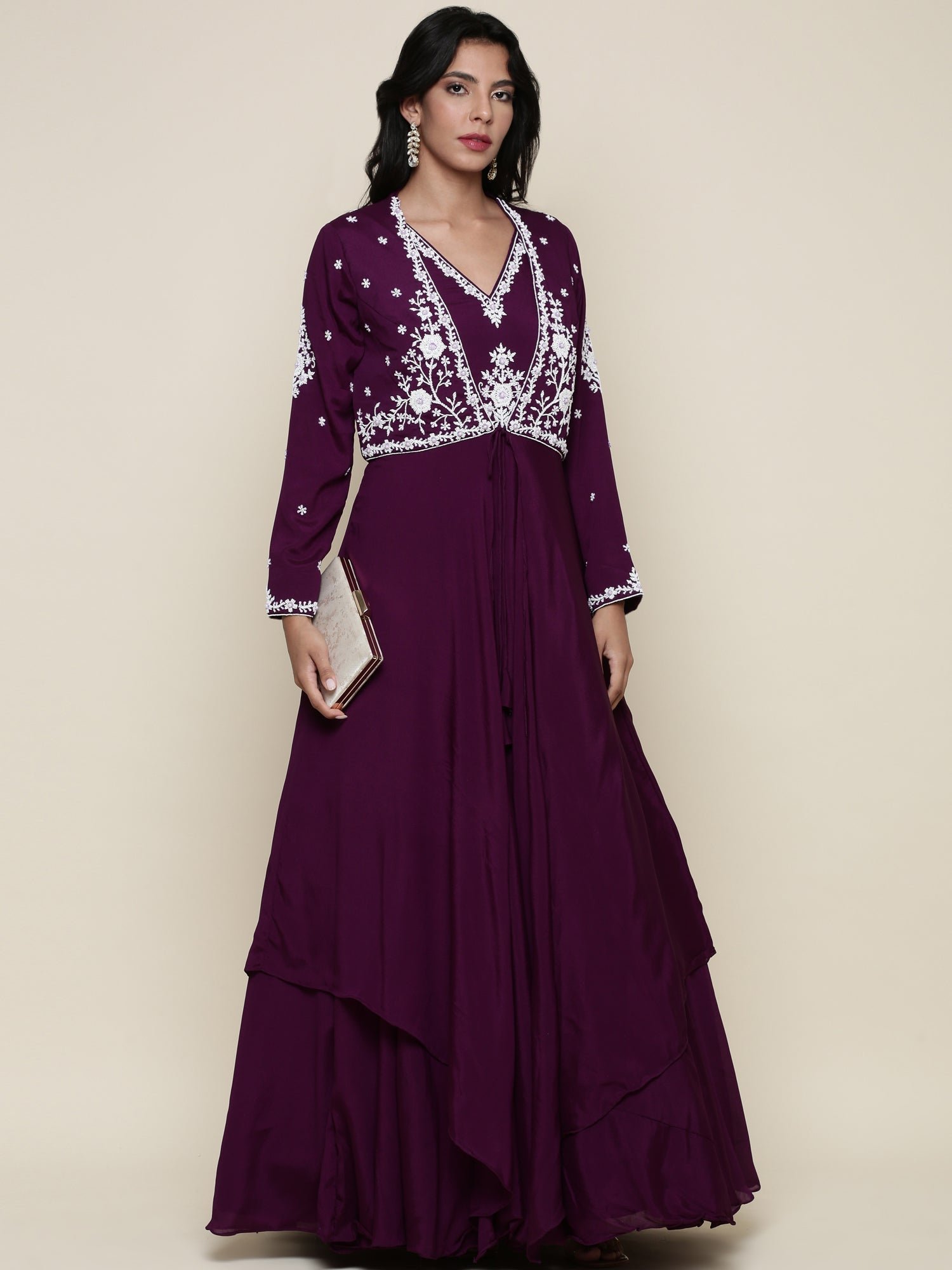 Purple georgette pearl embroidery jacket anarkali set - Image 5