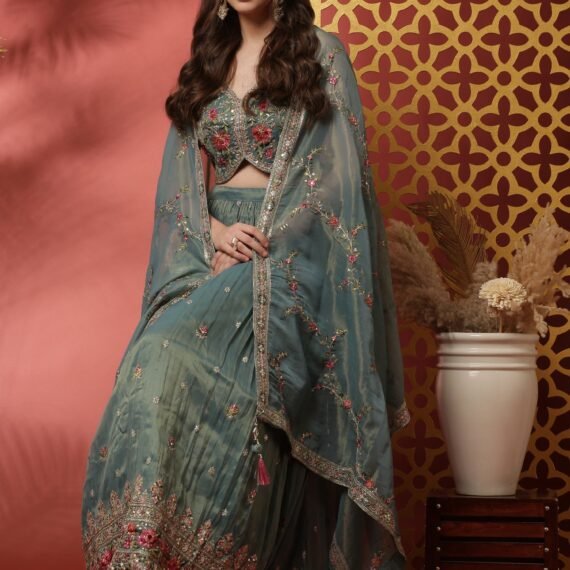 Rama Tissue Silk Ghagra Set With Embroiderey