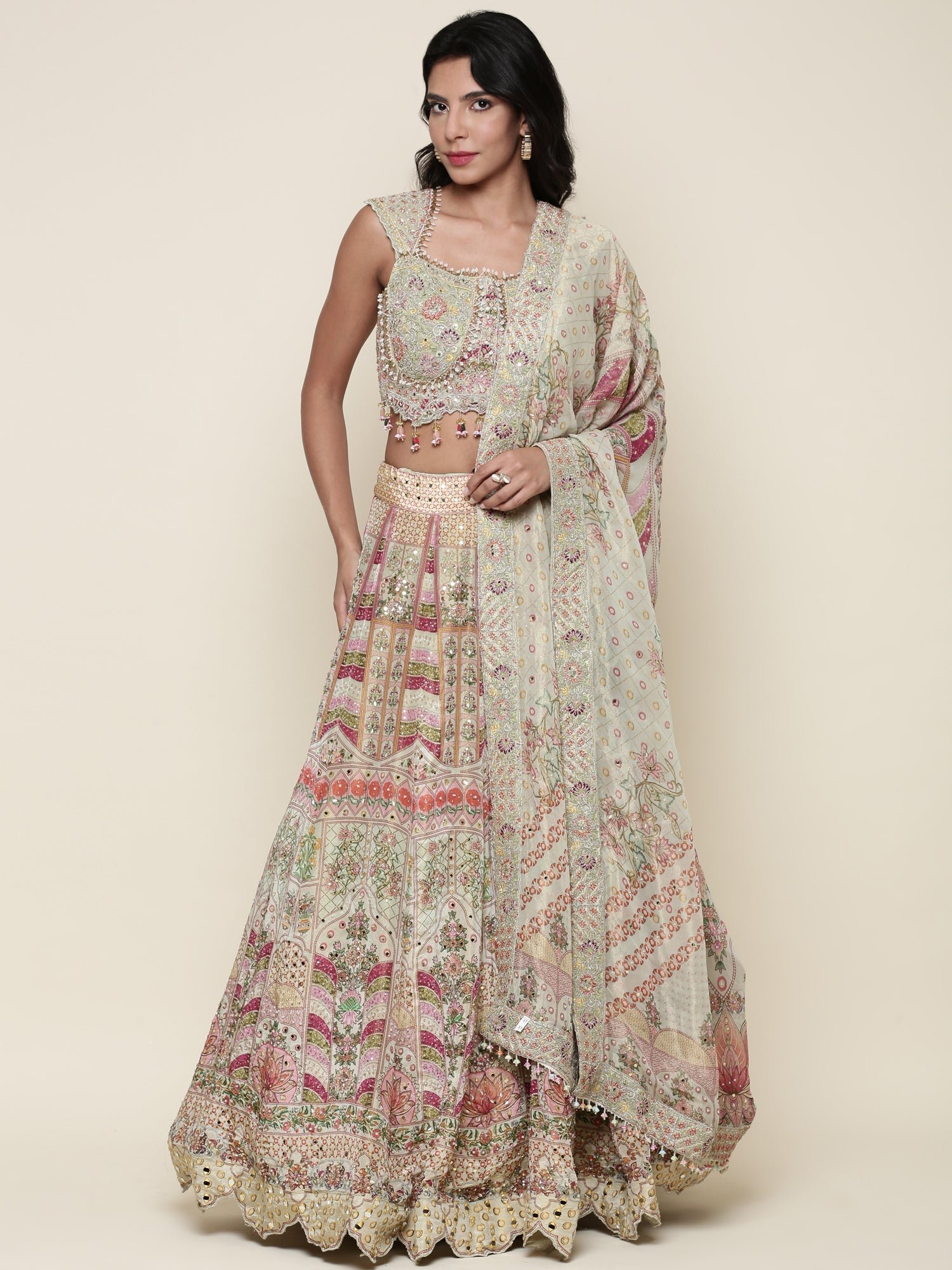 Pista Green Tissue digital printed embroidered ghagra set - Image 5