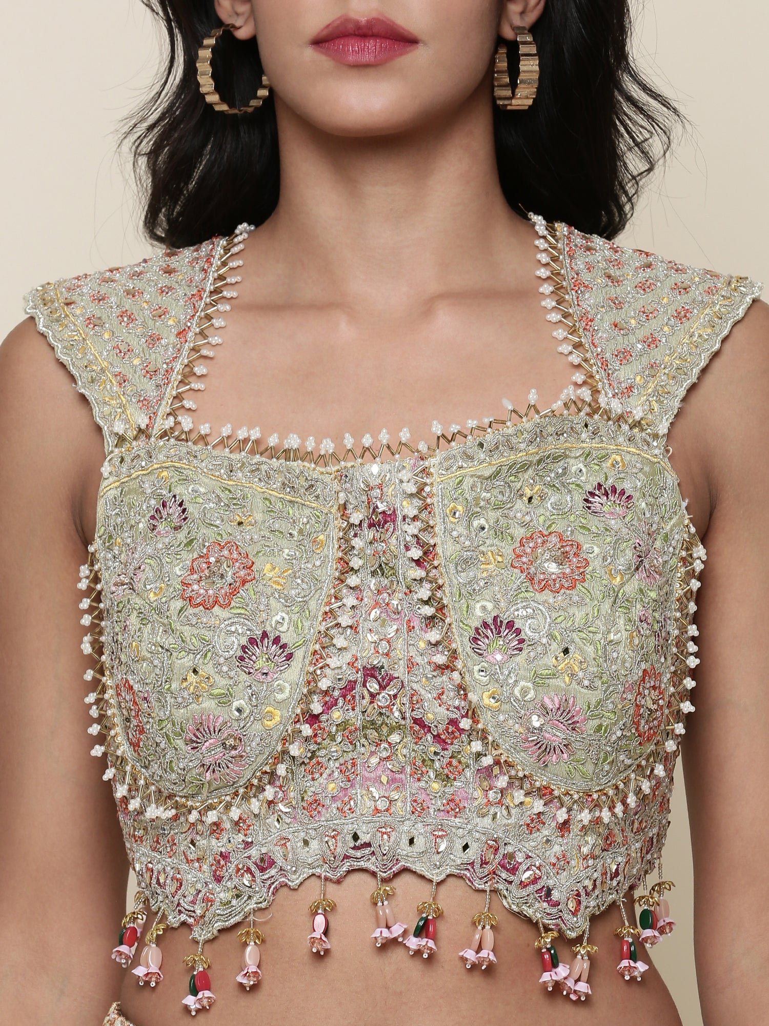 Pista Green Tissue digital printed embroidered ghagra set - Image 4