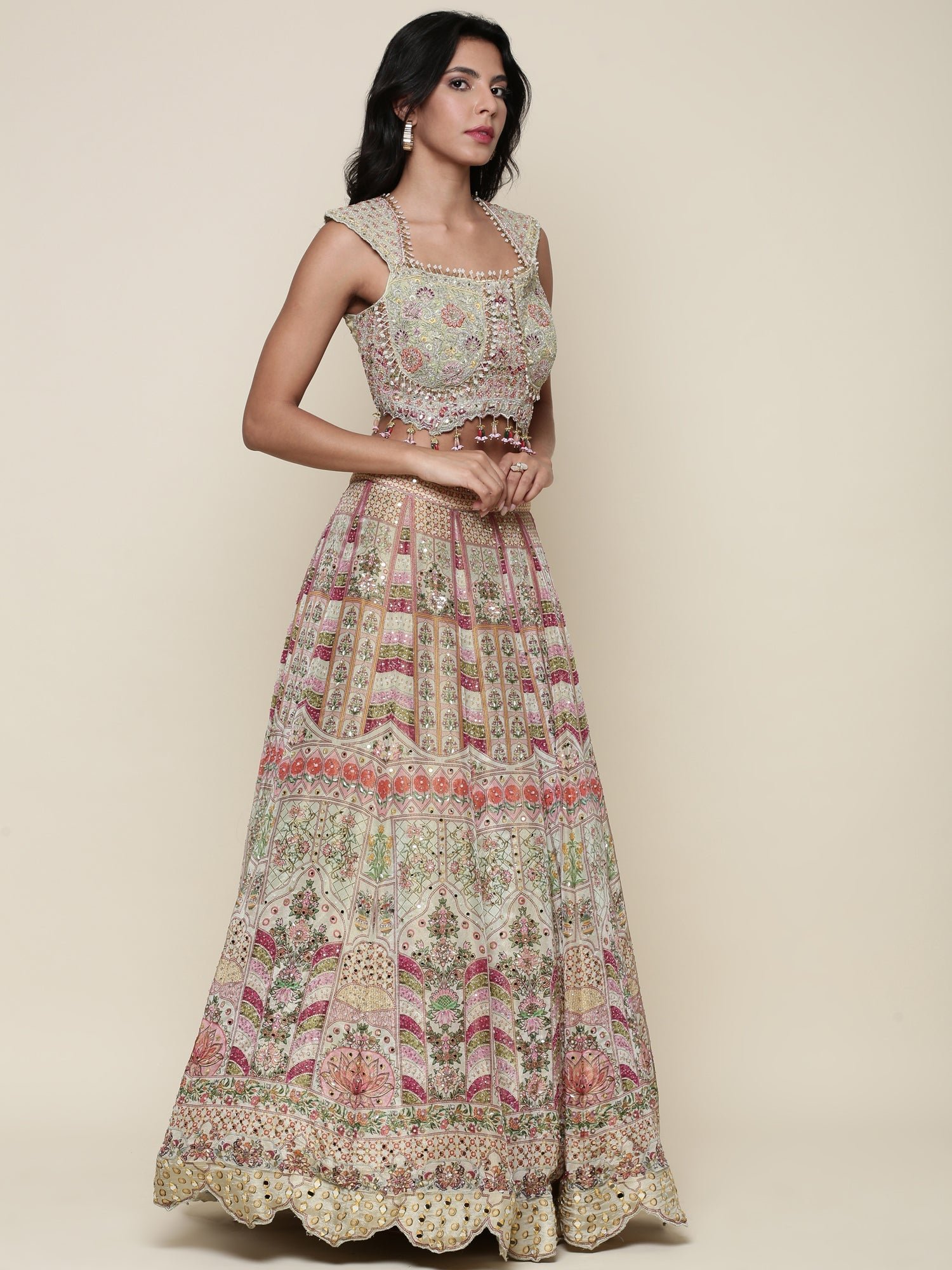 Pista Green Tissue digital printed embroidered ghagra set - Image 2