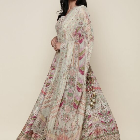 Pista Green Tissue digital printed embroidered ghagra set