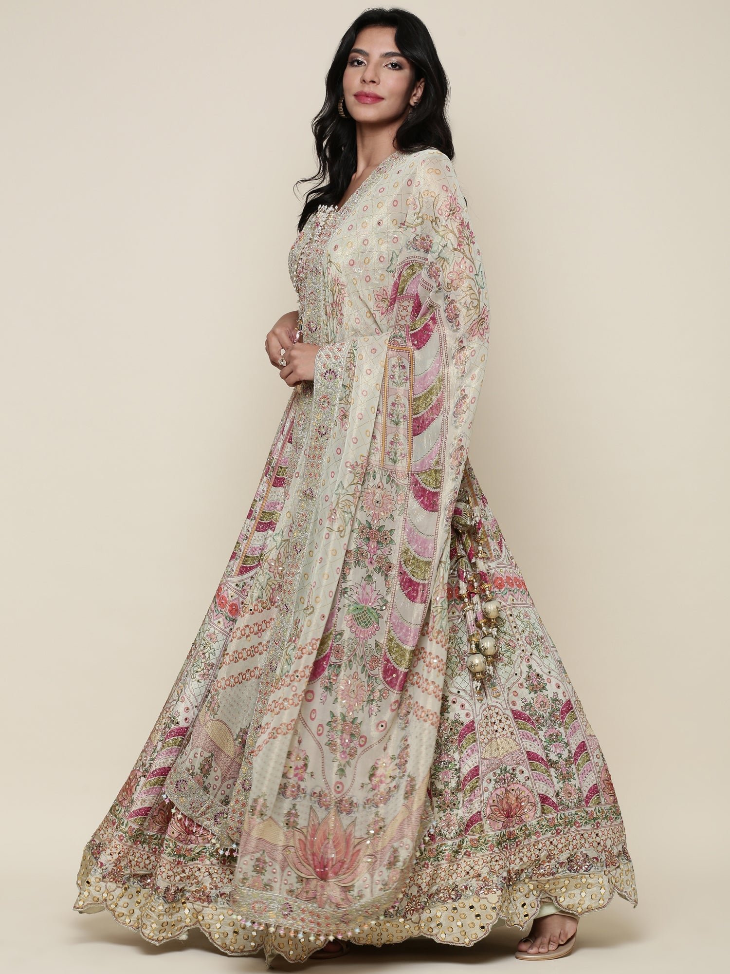 Pista Green Tissue digital printed embroidered ghagra set