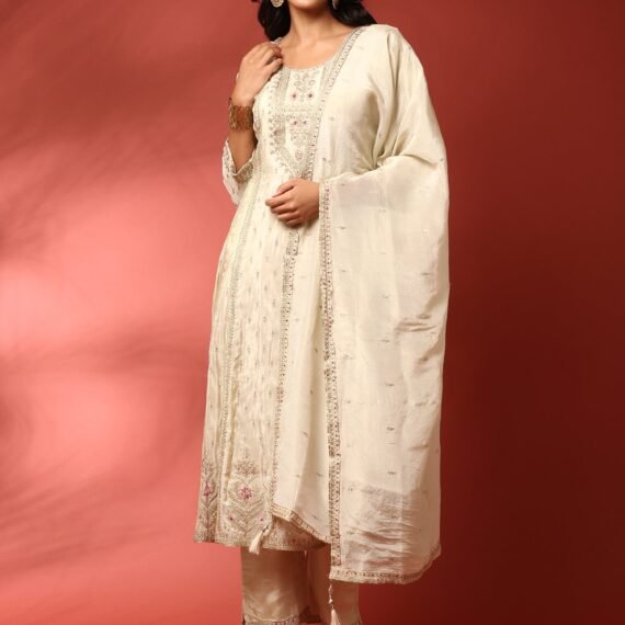 Beige three piece tissue silk hand embroidered anarkali set