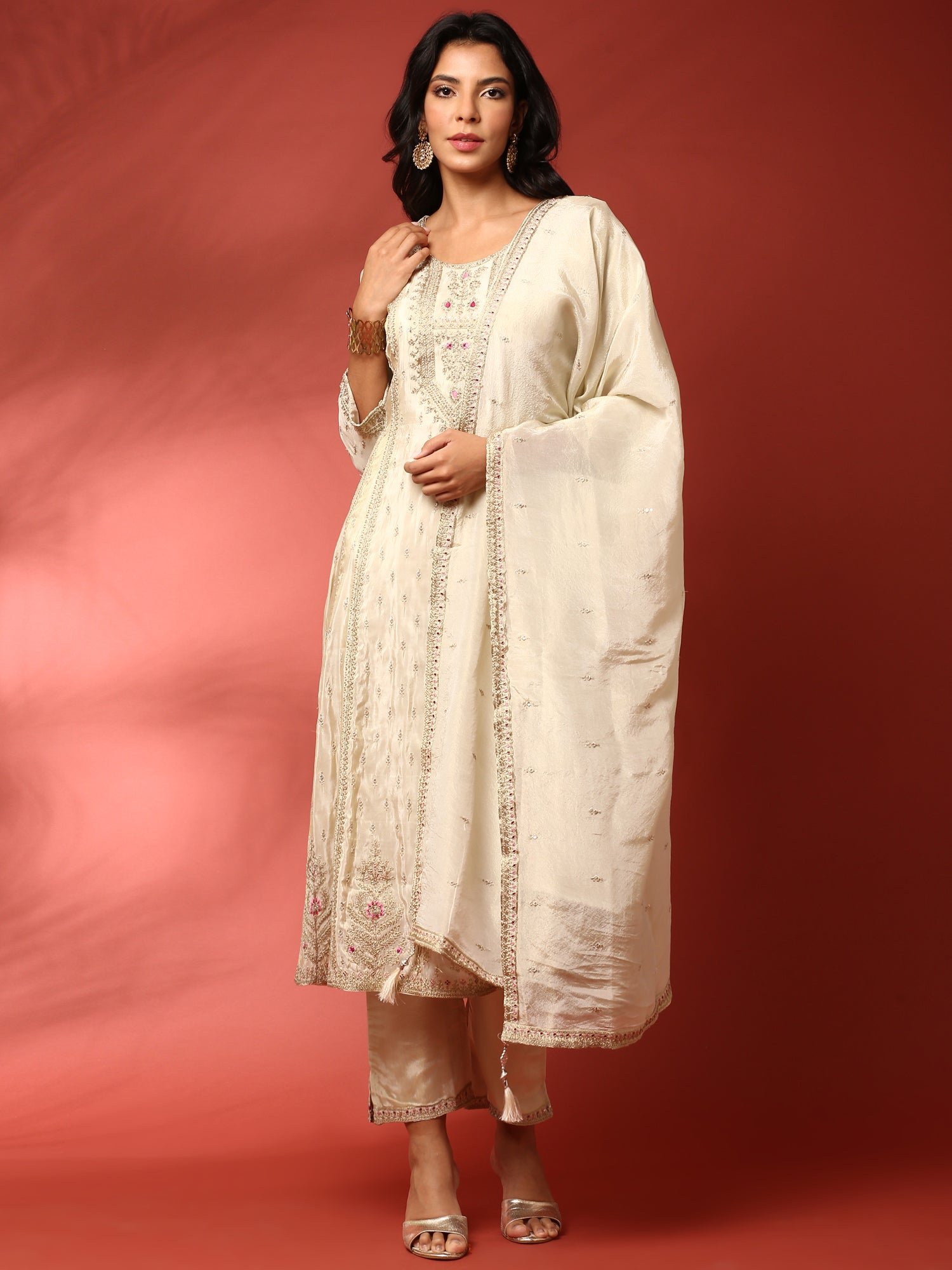 Beige three piece tissue silk hand embroidered anarkali set