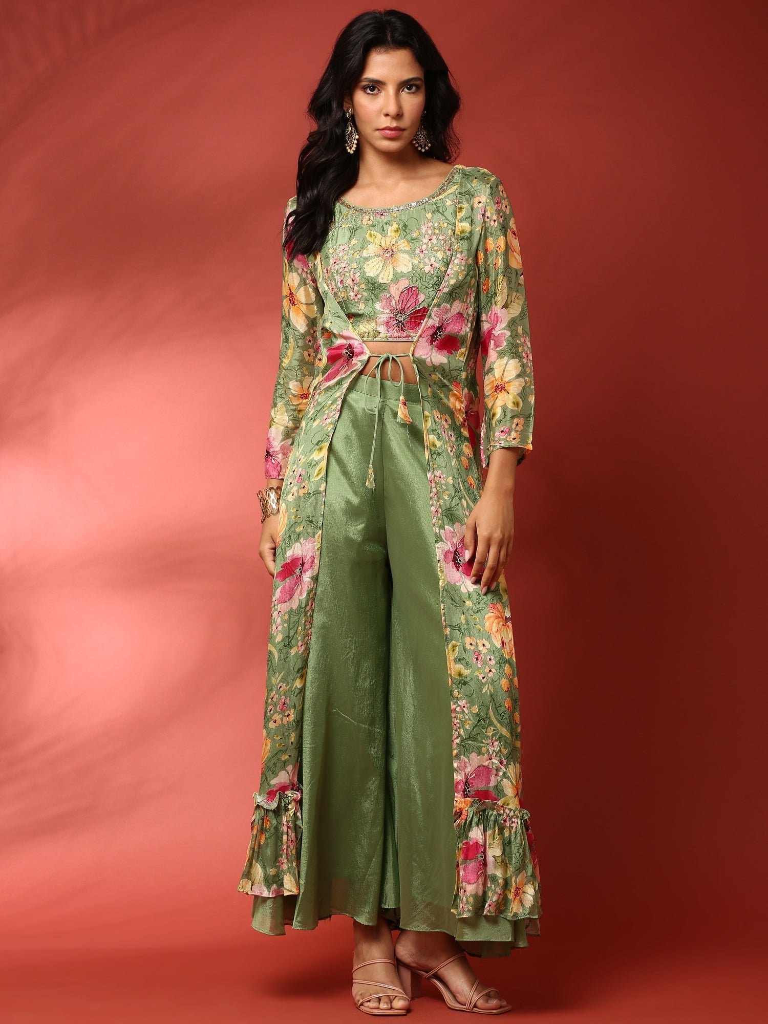 Green floral printed hand embroidered three piece jacket set - Image 8