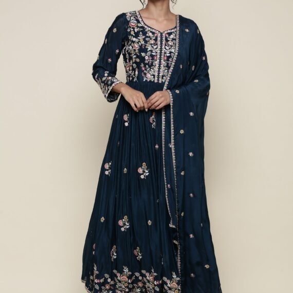 Peacock georgette resham embroidered anarkali set