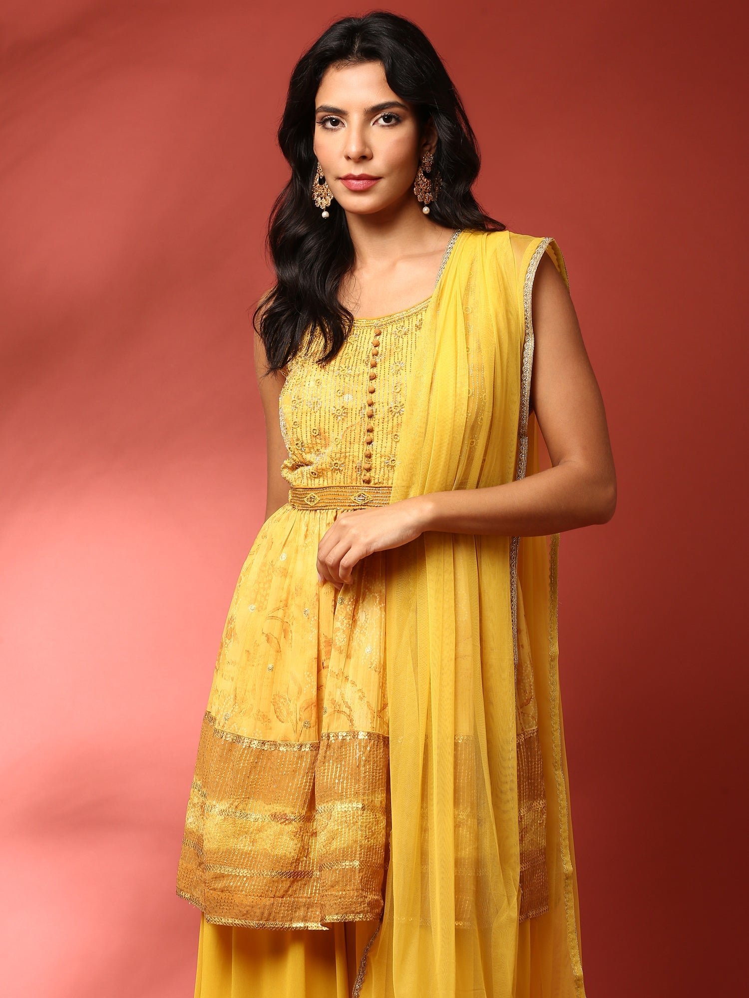 Yellow georgette embroidered peplum and palazzo Three piece set - Image 6