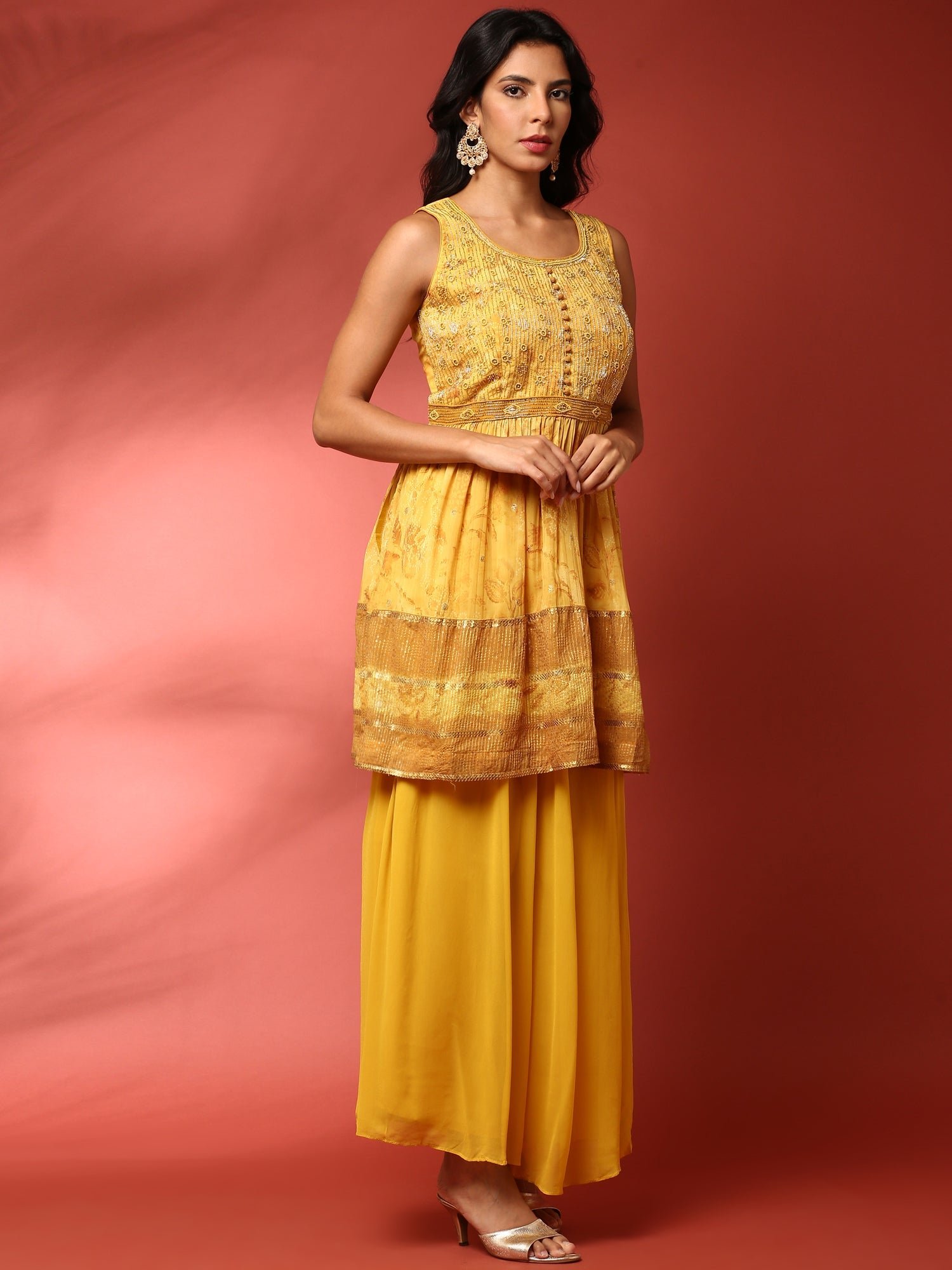Yellow georgette embroidered peplum and palazzo Three piece set - Image 3