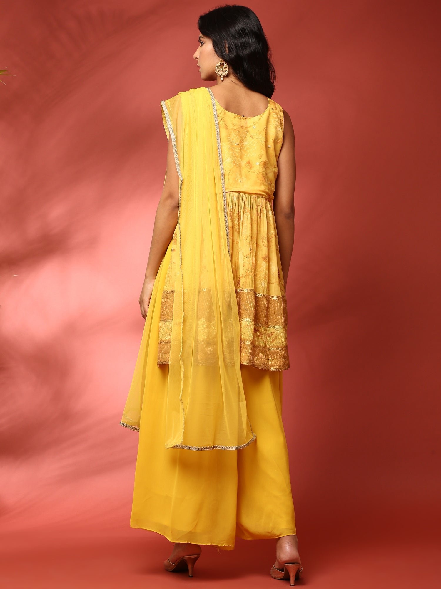 Yellow georgette embroidered peplum and palazzo Three piece set - Image 4