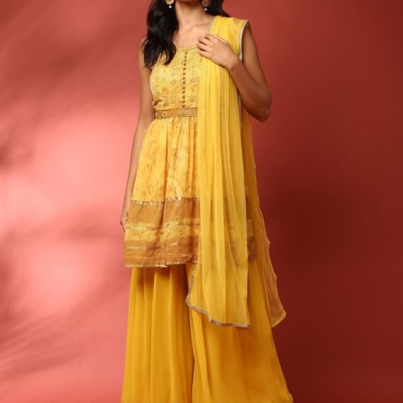 Yellow georgette embroidered peplum and palazzo Three piece set