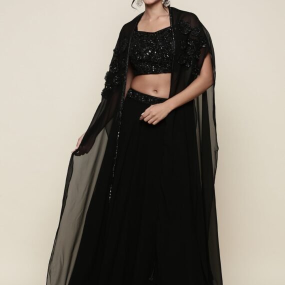 Geogette black embroidered crop top and palazoo set