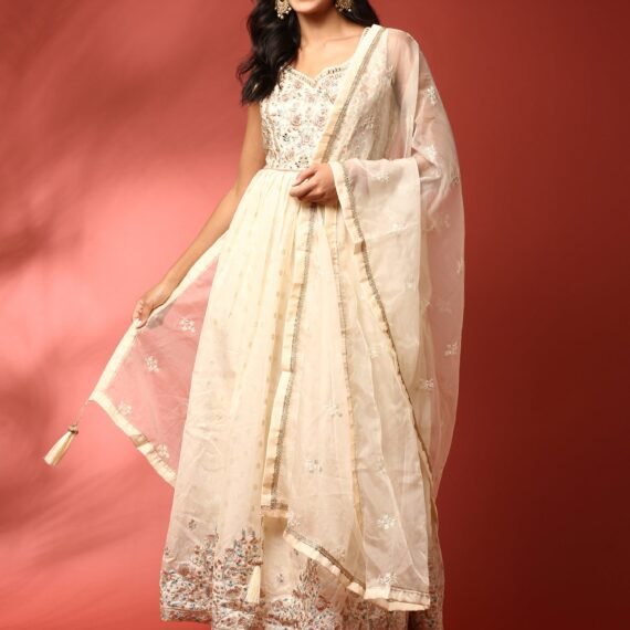 Cream tissue fabric Three piece anarkali set
