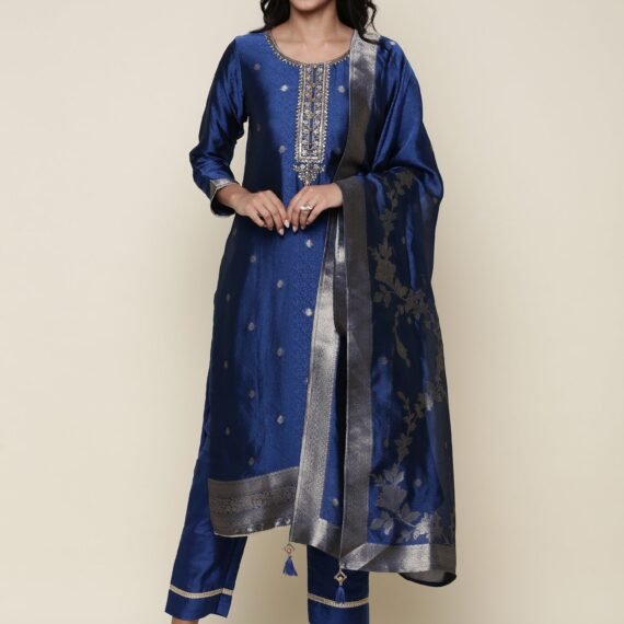 Midnight Blue Silk Hand embroidered three piece suit set