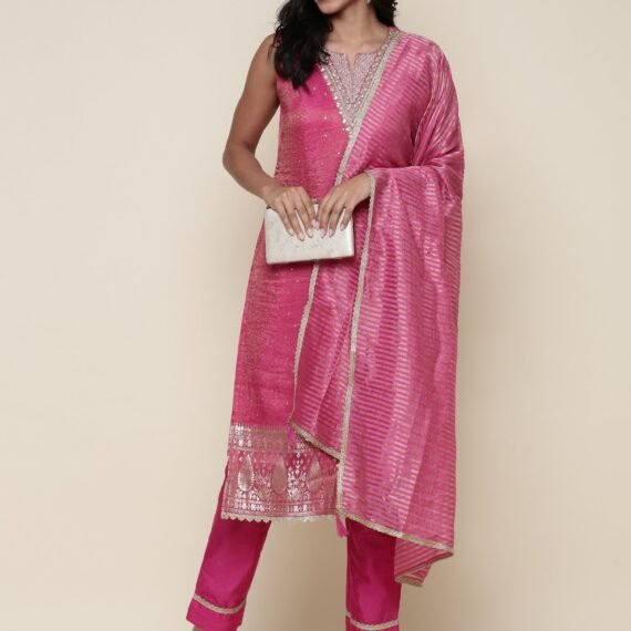 Pink Tissue Suit Embroidered three piece set