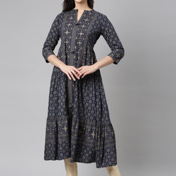 Sadguru Navy Blue Flared Floral Maxi Dresses — Casual Chic & Flattering Silhouette