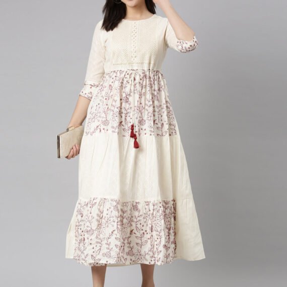 Sadguru Cream Floral Flounce Dresses - Casual Fit-and-Flare Silhouette