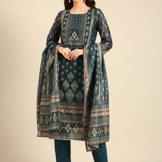 Teal printed three piece suit set