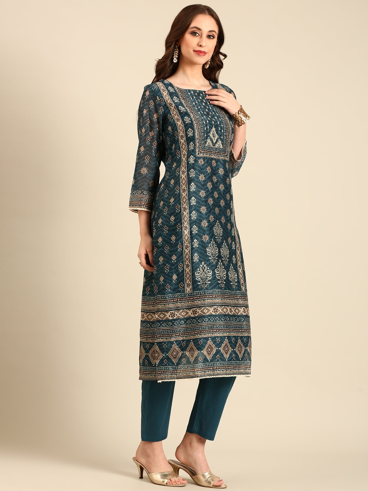 Teal printed three piece suit set - Image 2