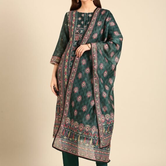 Bottle Green Suit set with Organza duppatta