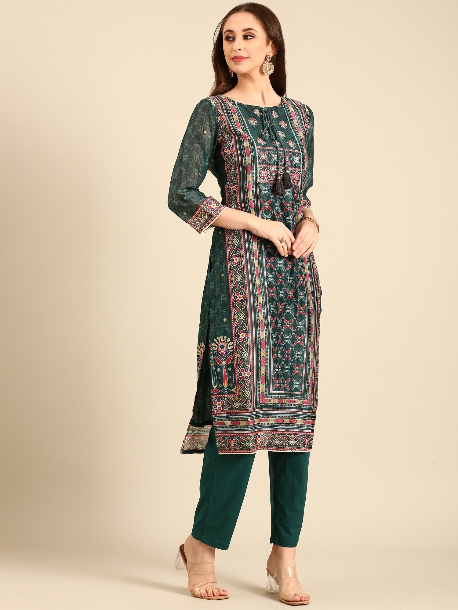 Bottle Green Suit set with Organza duppatta - Image 2