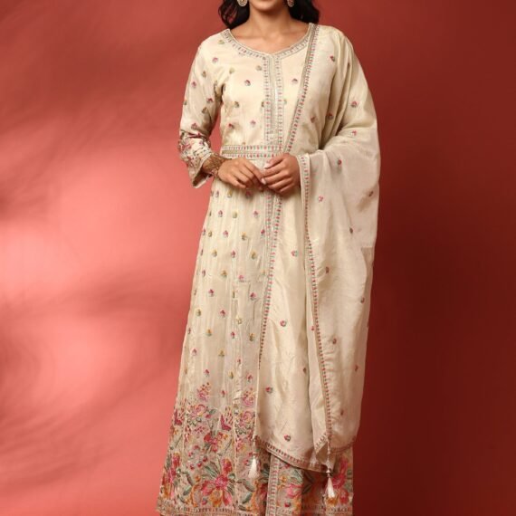 Cream floral thread work tissue fabric three piece anarkali set
