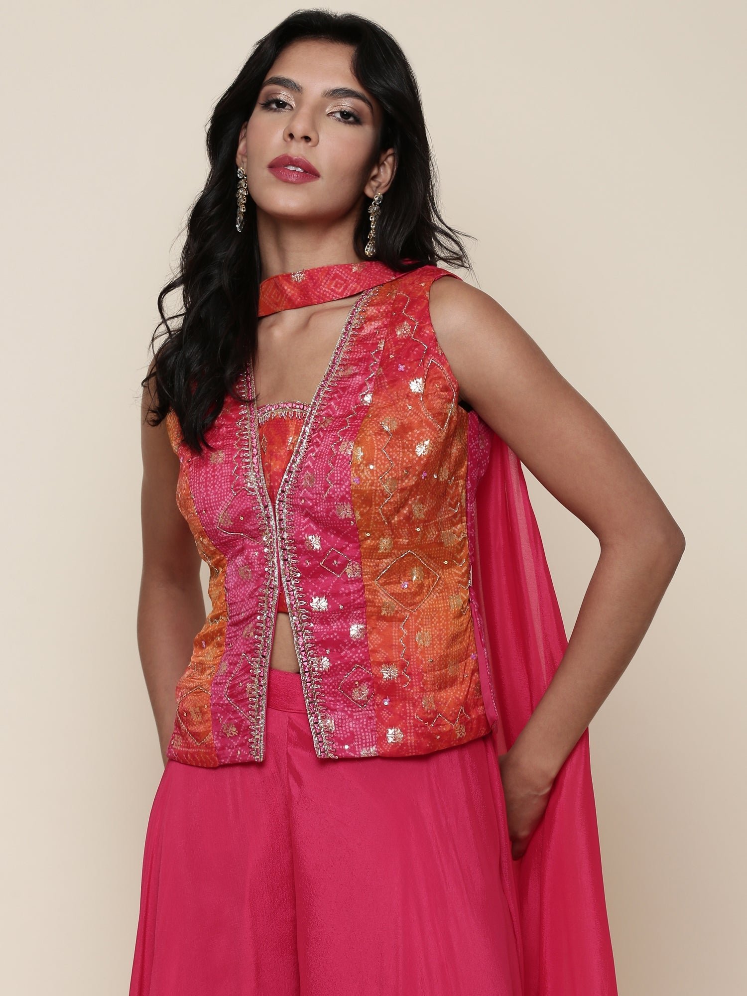 Pink Embroidered jacket flared Palazzo three piece set - Image 6