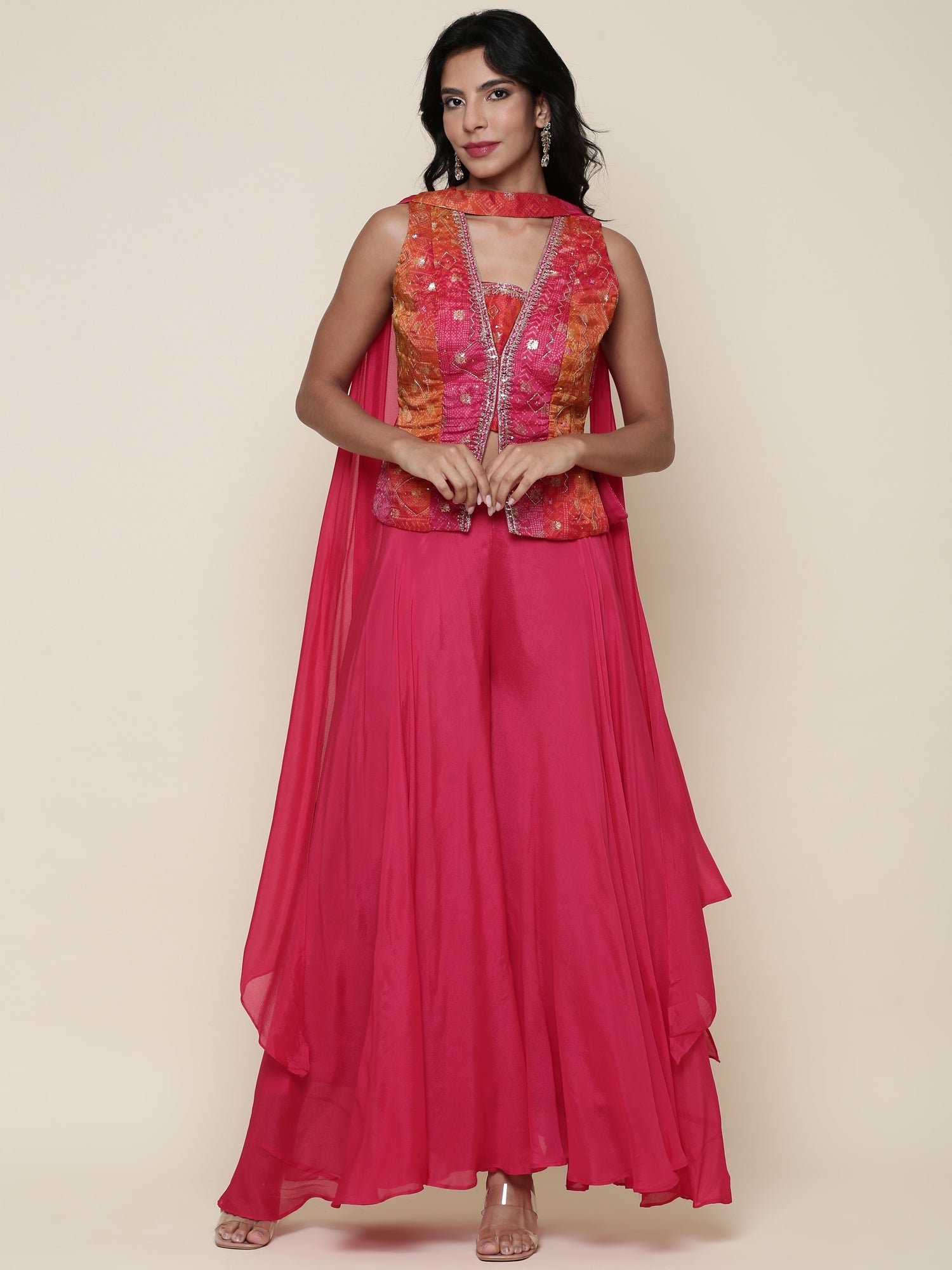 Pink Embroidered jacket flared Palazzo three piece set