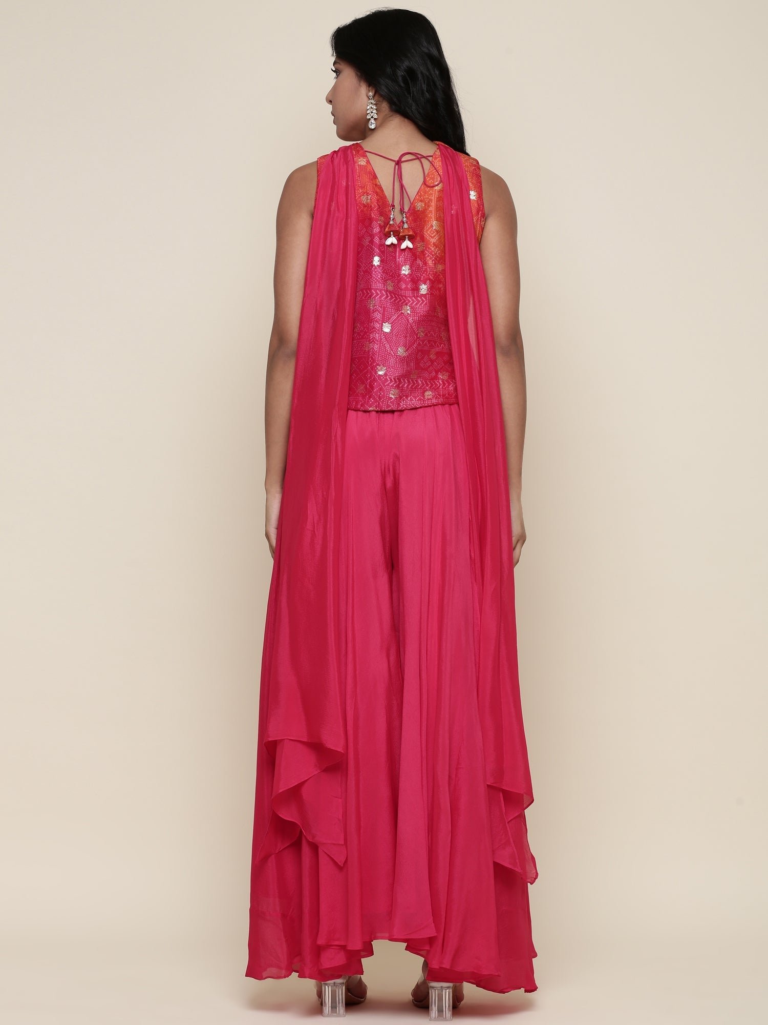 Pink Embroidered jacket flared Palazzo three piece set - Image 3