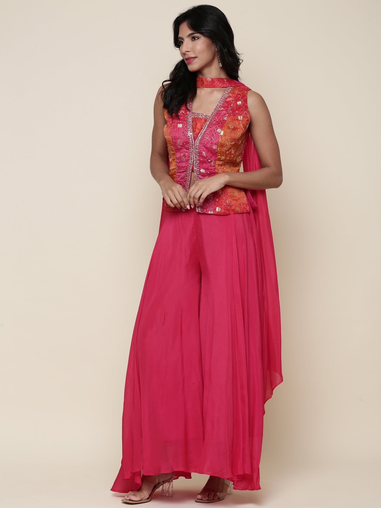 Pink Embroidered jacket flared Palazzo three piece set - Image 5