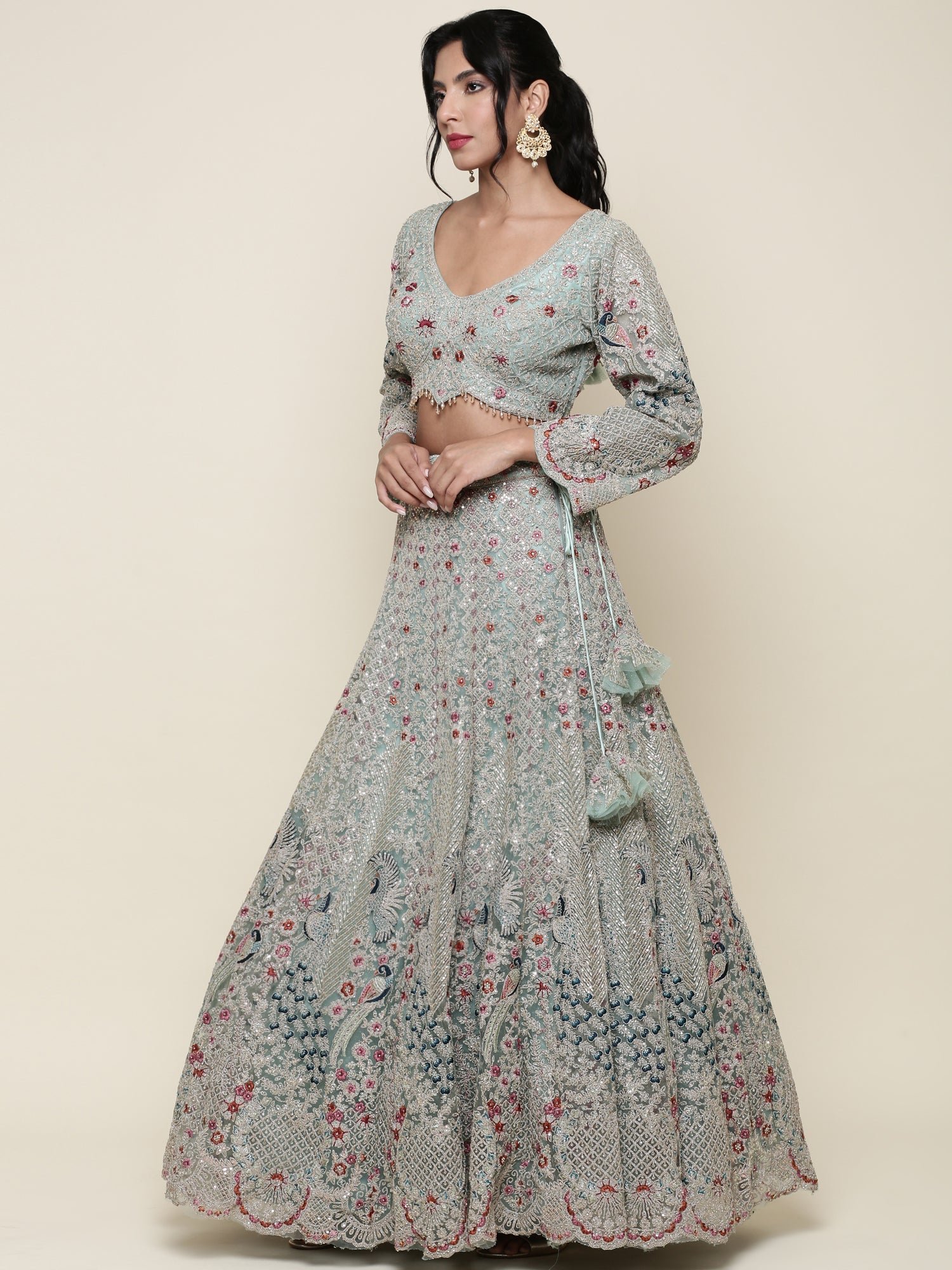 Sea green net heavy embroidered Three piece ghagra set - Image 2