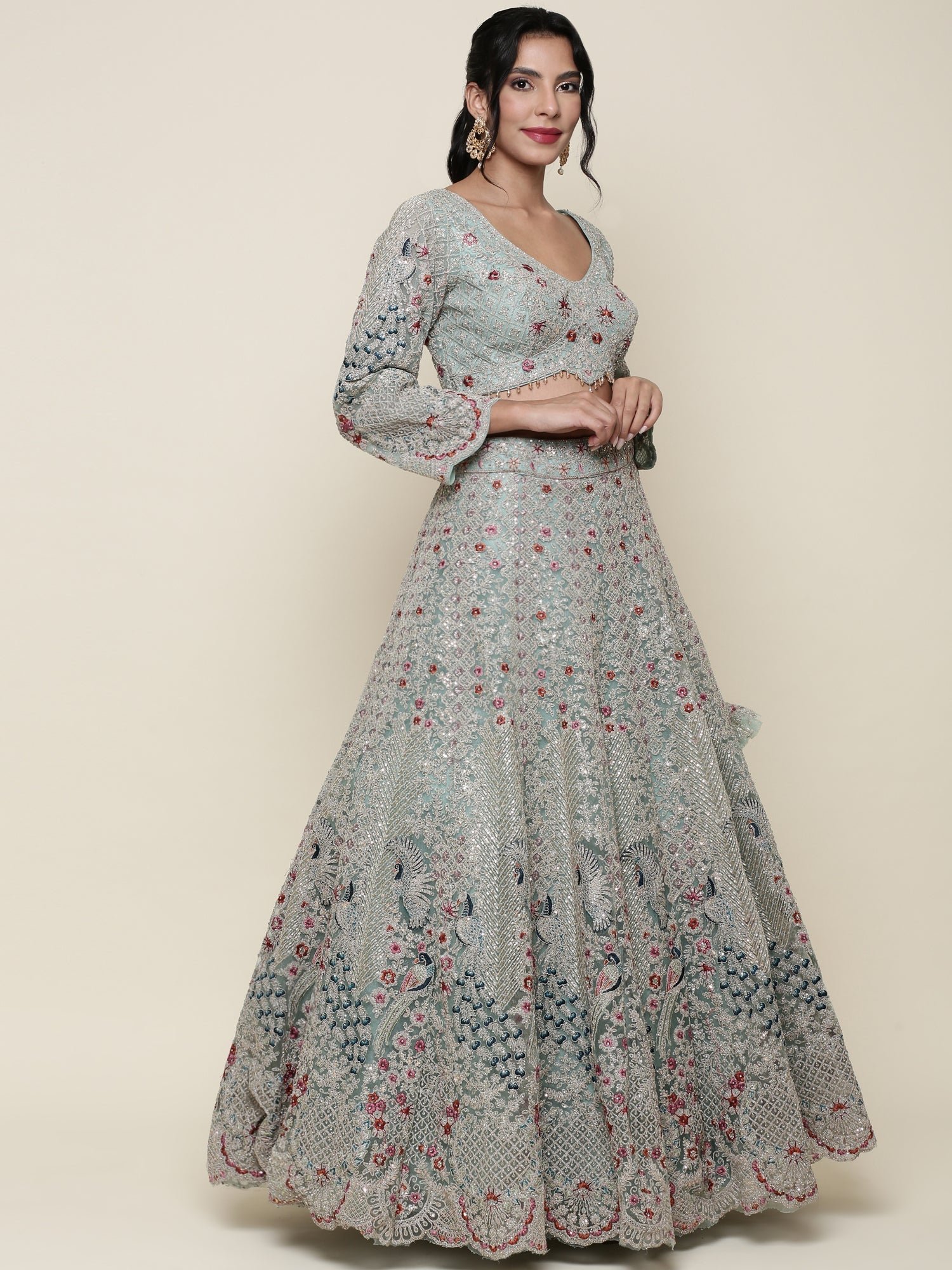 Sea green net heavy embroidered Three piece ghagra set - Image 5