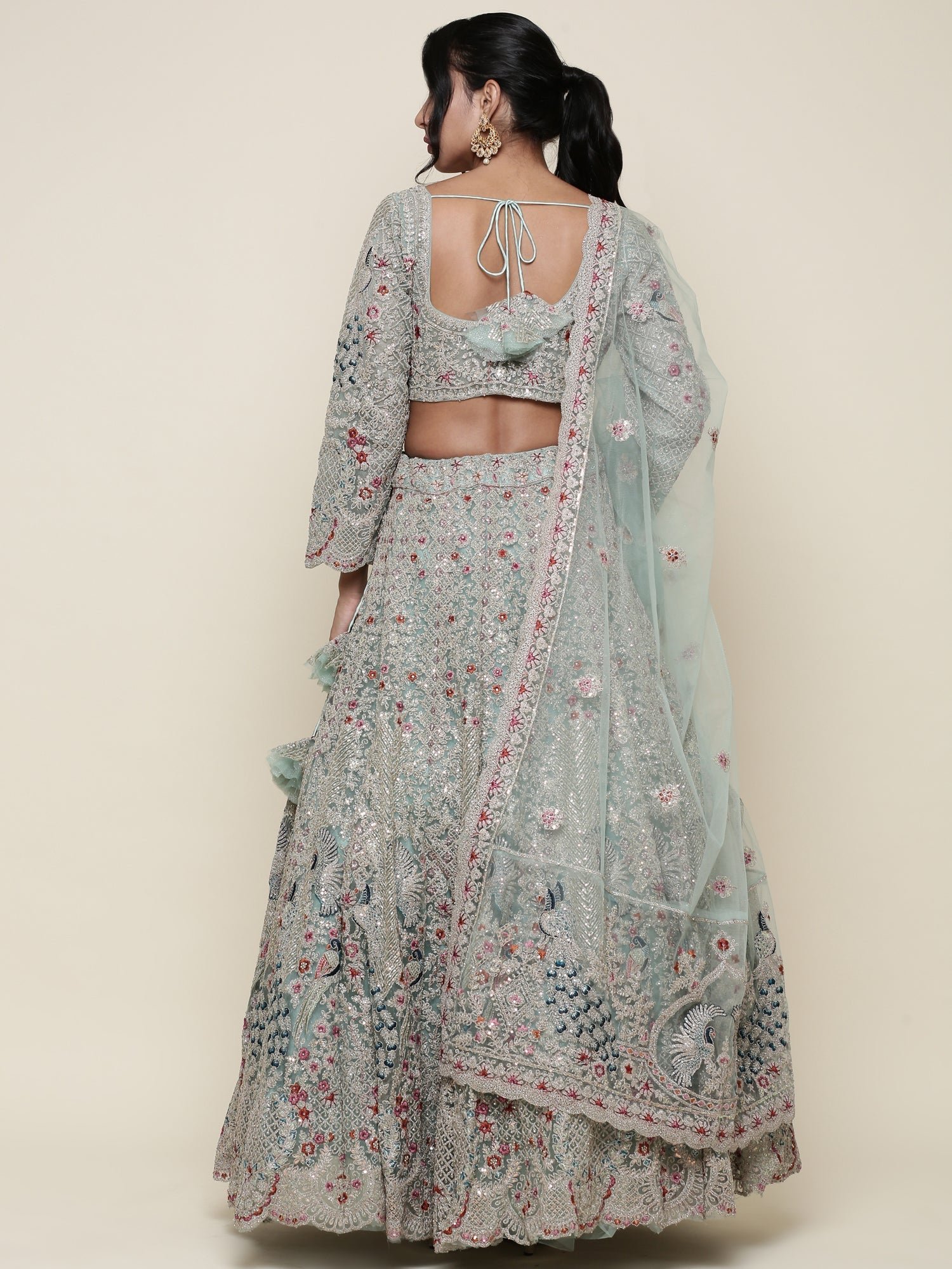 Sea green net heavy embroidered Three piece ghagra set - Image 3