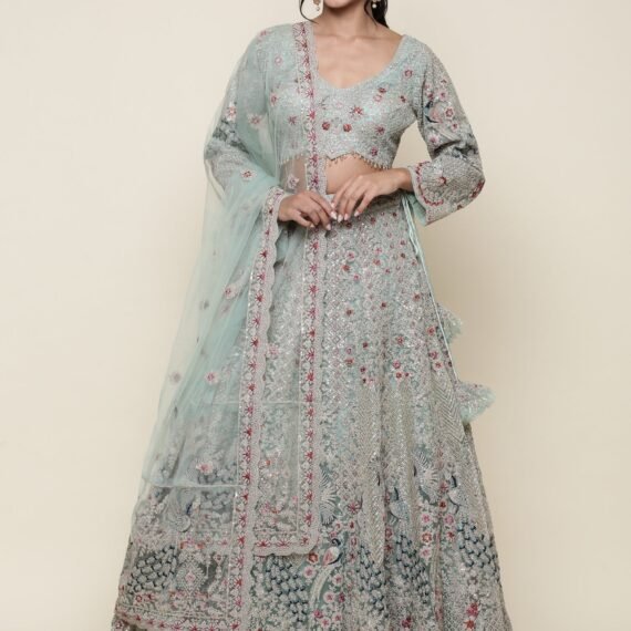 Sea green net heavy embroidered Three piece ghagra set