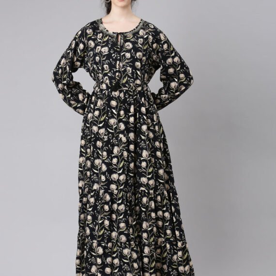 Sadguru Black Floral Print Maxi Dresses – Elegant, Flowing Silhouettes