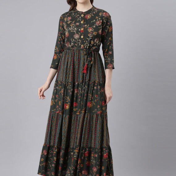 Sadguru Olive Floral Maxi Dresses in Viscose Rayon – Straight-Cut, Casual Style