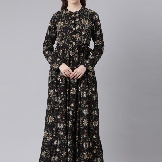 Sadguru Black Viscose Rayon Curved Silhouette Casual Floral Maxi Dresses