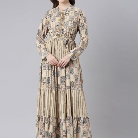Sadguru Beige Viscose Rayon Curved Geometric Maxi Dresses – Casual Everyday Wear