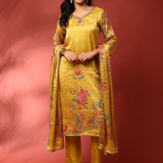 Mustard Floral printed crepe three piece suit set