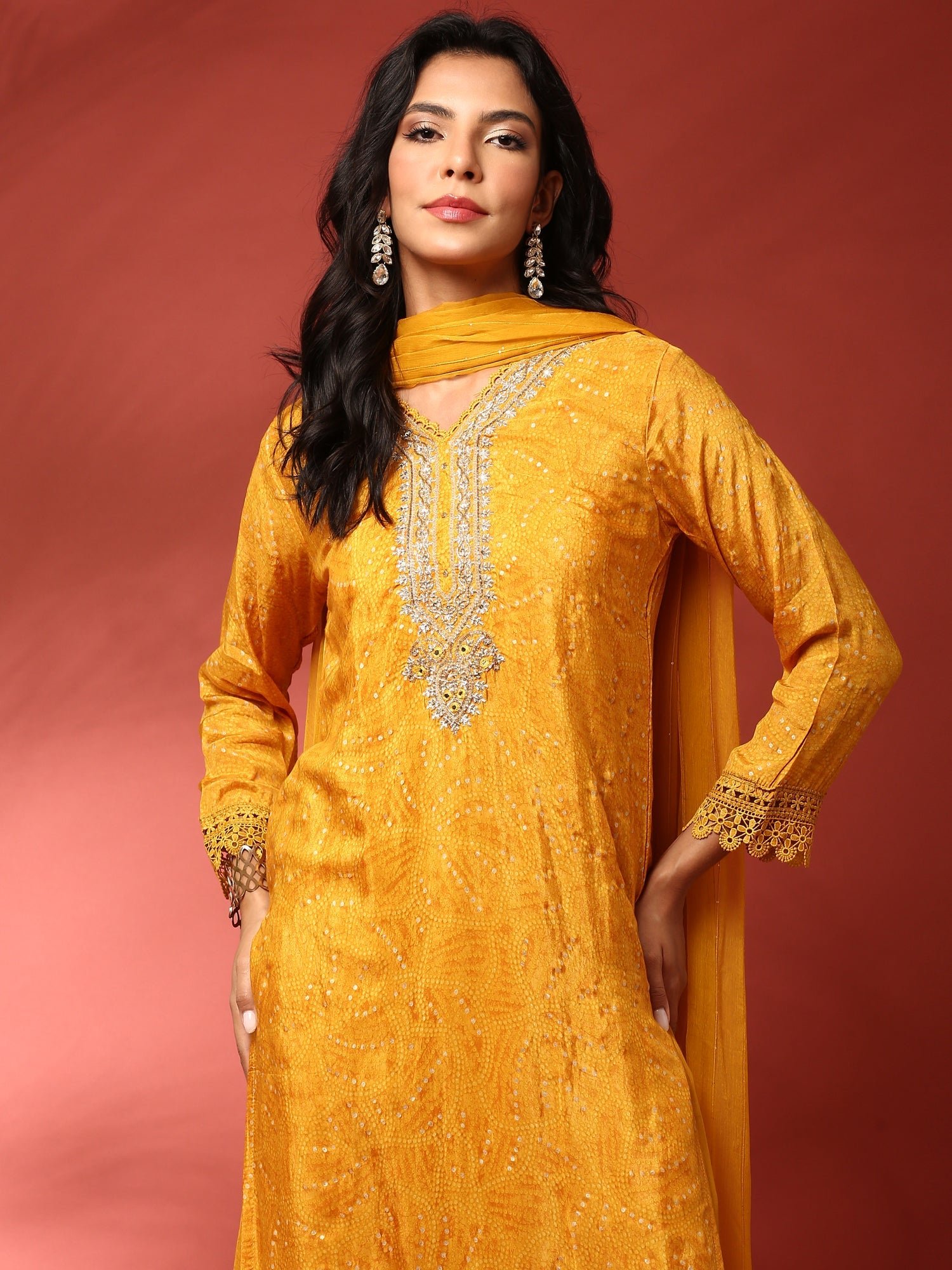 Mustard Muslin Straight three piece hand embroidered suit set - Image 6