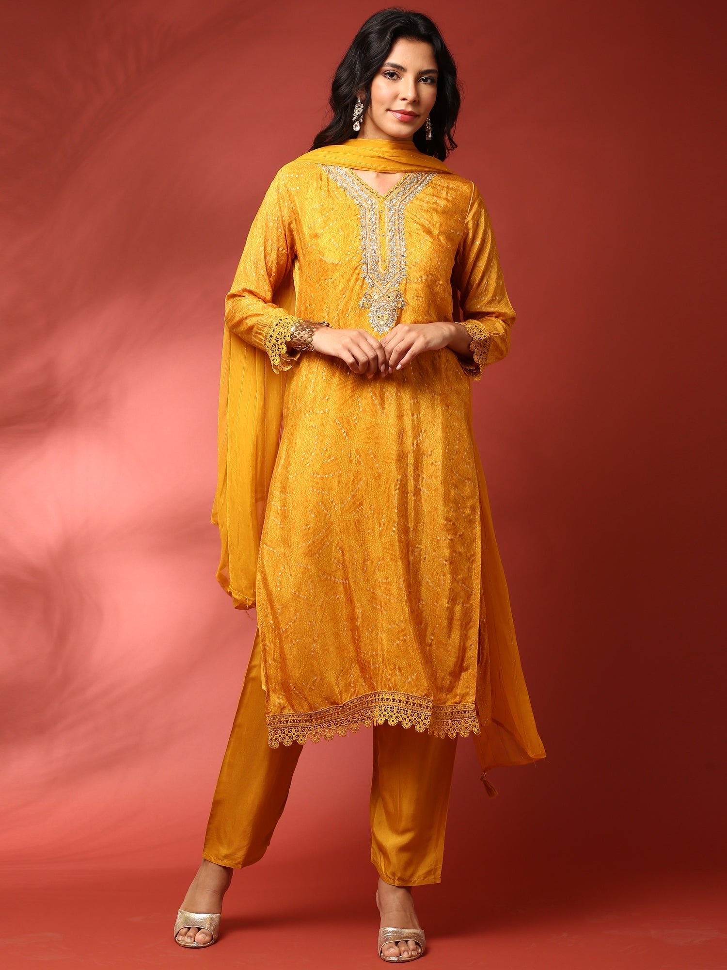 Mustard Muslin Straight three piece hand embroidered suit set - Image 2