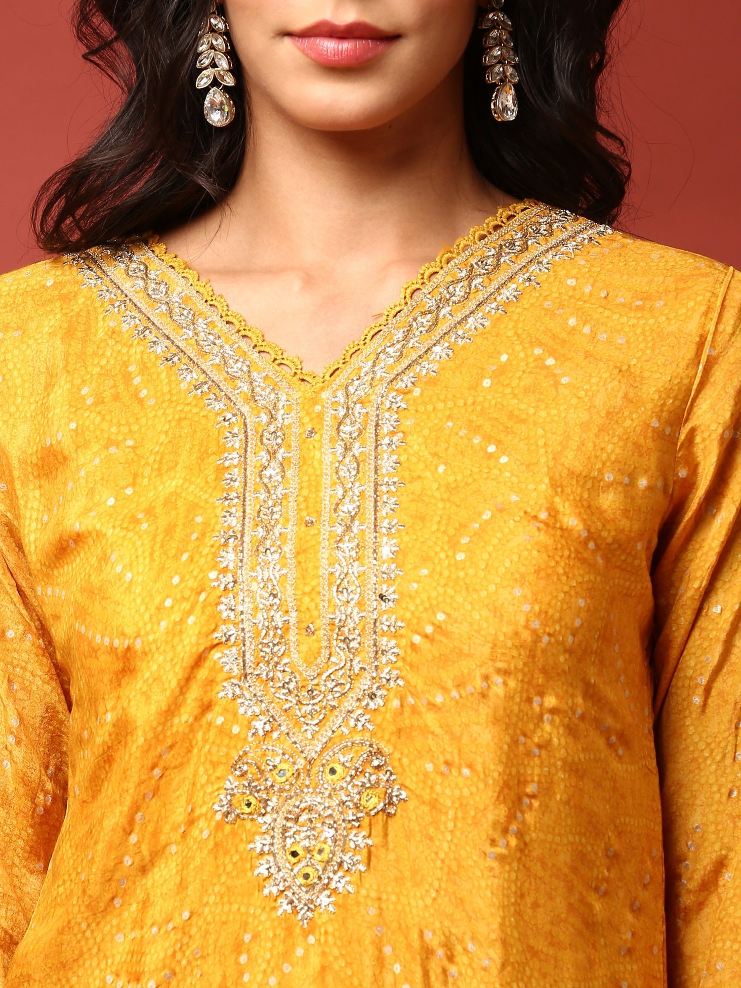 Mustard Muslin Straight three piece hand embroidered suit set - Image 5