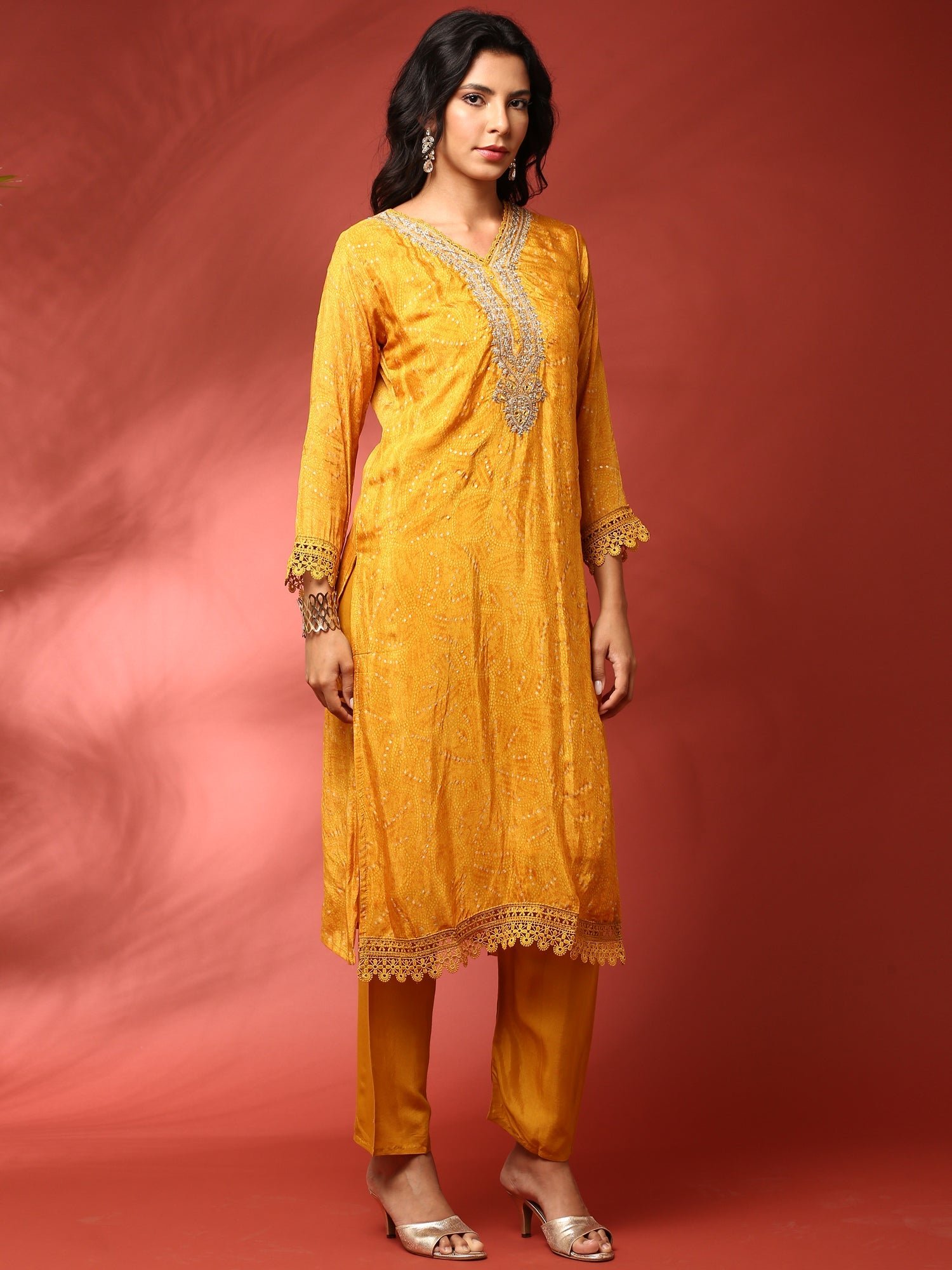 Mustard Muslin Straight three piece hand embroidered suit set - Image 3