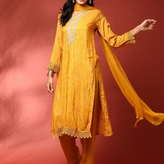 Mustard Muslin Straight three piece hand embroidered suit set