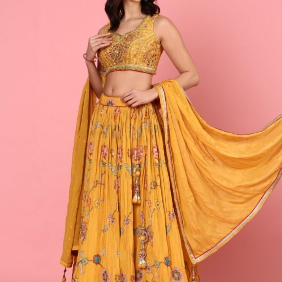 Yellow embroidered georgette Three piece ghagra set