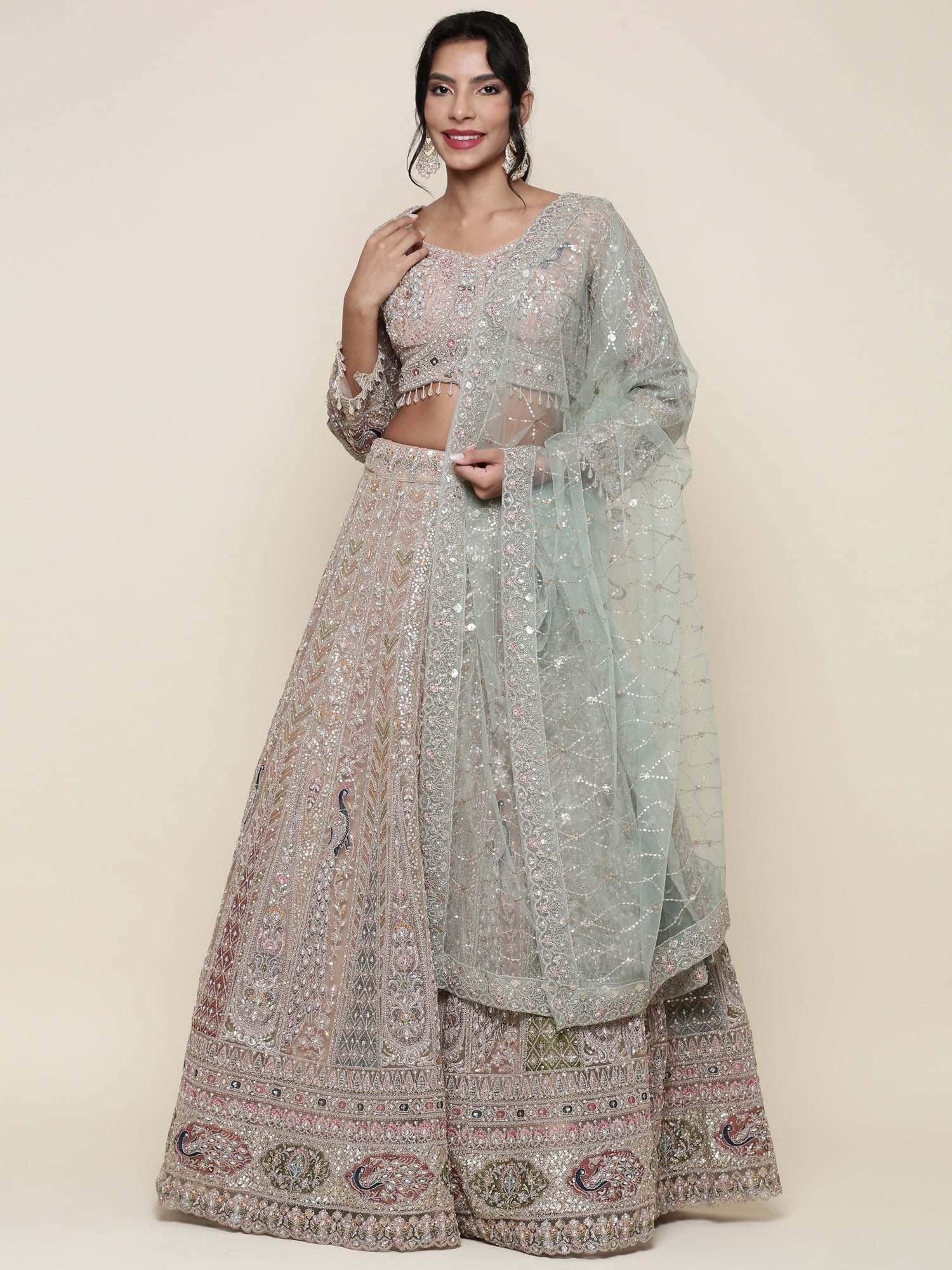Beige net heavy embroidered three piece ghagra set - Image 2