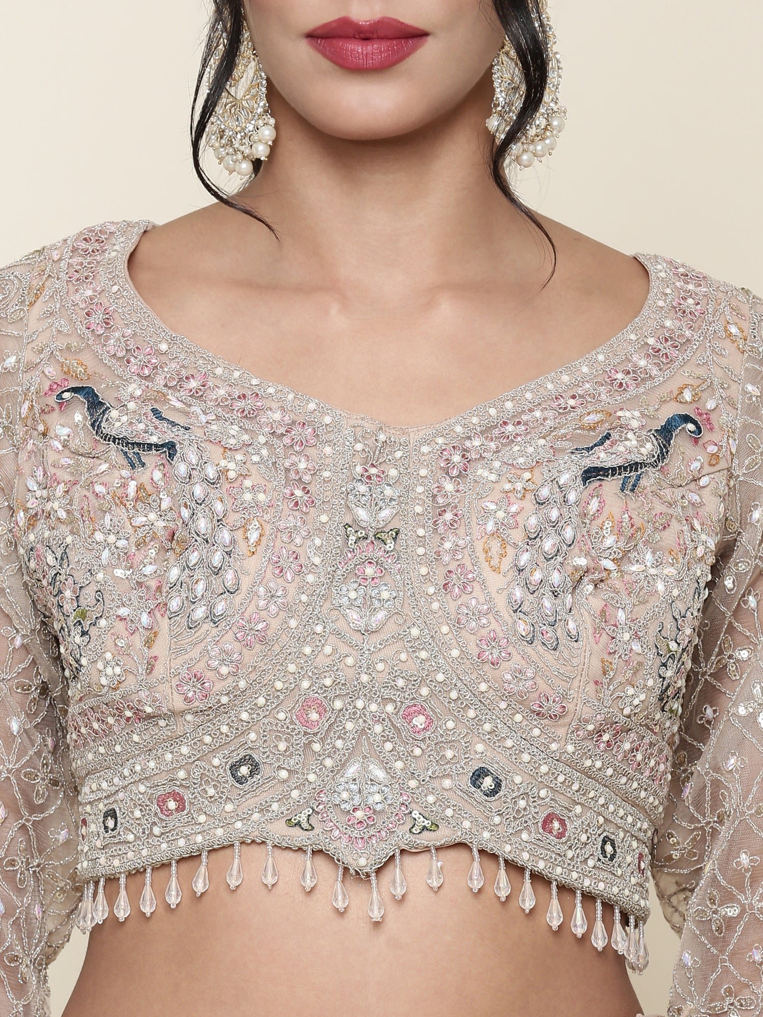 Beige net heavy embroidered three piece ghagra set - Image 5