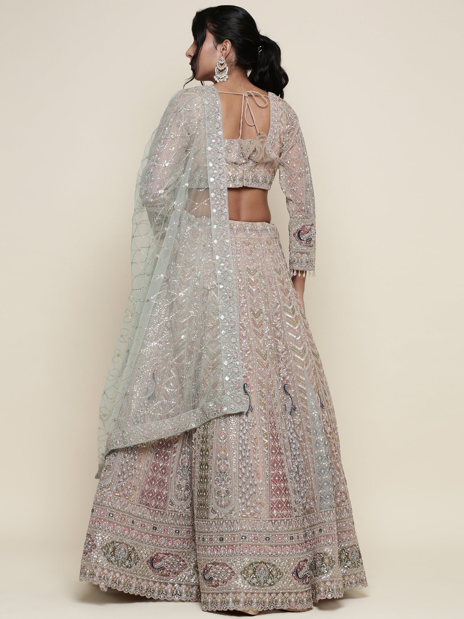 Beige net heavy embroidered three piece ghagra set - Image 4