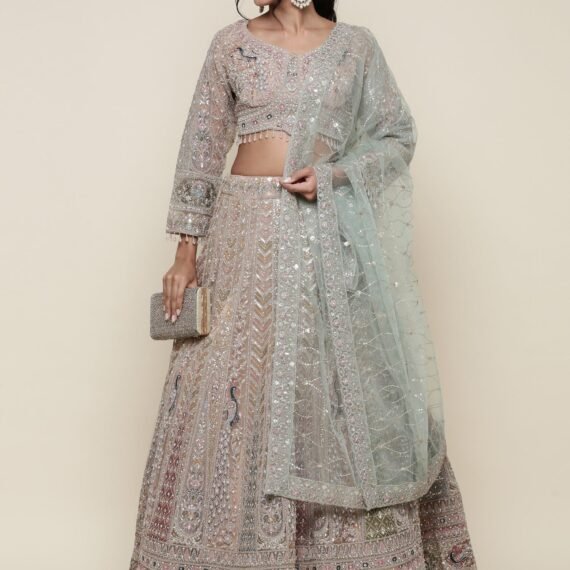 Beige net heavy embroidered three piece ghagra set